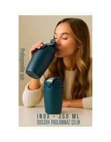Inox Çelik Kahve Bardağı - 350 ml  SUS304 Çelik Termos Profesyonel MAVİ