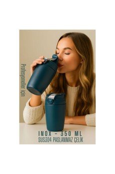 Inox Çelik Kahve Bardağı - 350 ml  SUS304 Çelik Termos Profesyonel MAVİ