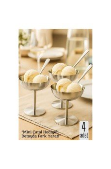 4 lü Gümüş Inox Çelik Ayaklı Dondurma ve Sunum Kasesi – Tatlı, Lokum ve Sunum Kabı