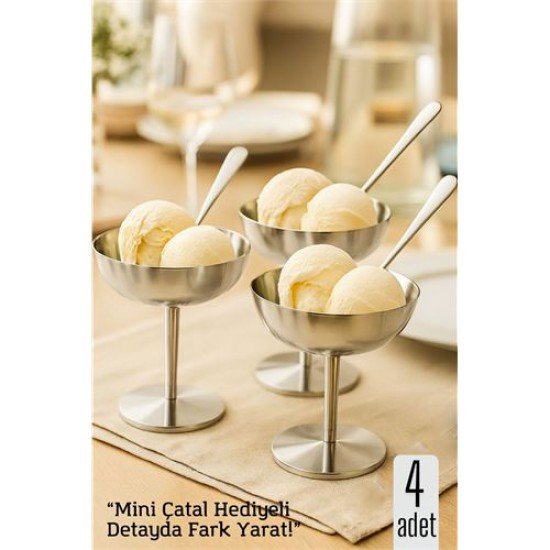 4 lü Gümüş Inox Çelik Ayaklı Dondurma ve Sunum Kasesi – Tatlı, Lokum ve Sunum Kabı