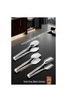 3’lü İnox Çelik Mutfak Maşa Seti - Makarna Pasta Salata Çok Amaçlı Maşa 3 lü SET