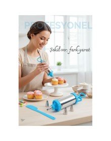 Krema Sıkma Pompası Paslanmaz Çelik – 3 Uçlu, 20 cm, Parti ve Pasta Dekorları İçin Profesyonel Yardımcı