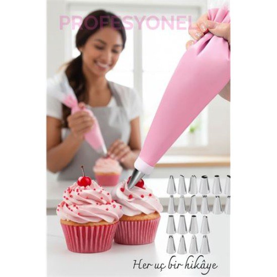 20 Uçlu Pasta Süsleme Seti – 2 Krema Torbası, Paslanmaz Uçlar, Profesyonel ve Ev Kullanımı İçin