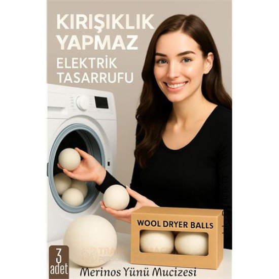 3’lü Kurutma Makina Topu – Merinos Yün Kurutma Topları Doğal Yumuşatıcı, Kırışık Önleyici, Enerji Tasarruflu