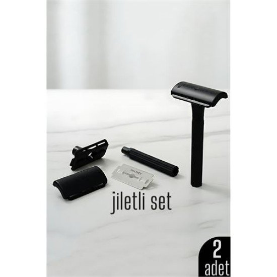 2'li Şık Siyah Plastik Tıraş Aleti – Manuel Tıraş Bıçağı  , Jiletli Ergonomik Saplı