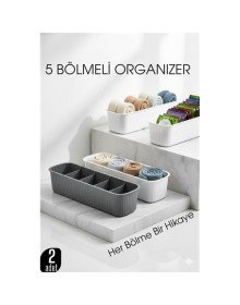 5 Bölmeli Dolap ve Çekmece İçi 2’li Set Organizer Kutusu (Gri & Beyaz)