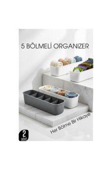 5 Bölmeli Dolap ve Çekmece İçi 2’li Set Organizer Kutusu (Gri & Beyaz)