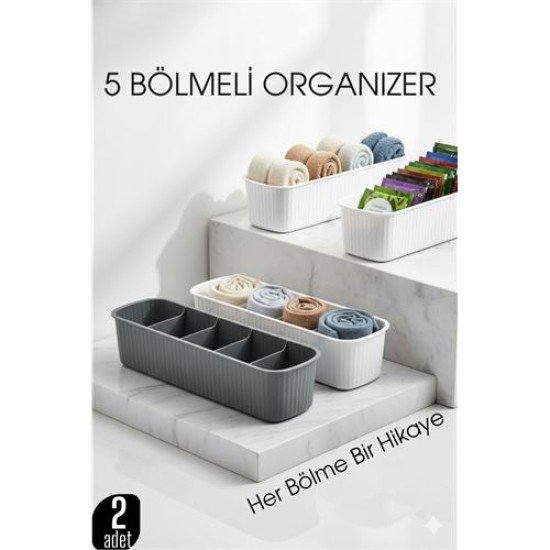 5 Bölmeli Dolap ve Çekmece İçi 2’li Set Organizer Kutusu (Gri & Beyaz) 5 Bölmeli Dolap ve Çekmece İçi 2’li Set Organizer Kutusu (Gri & Beyaz)