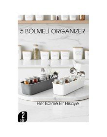 5 Bölmeli Mutfak Organizer Kutusu Gri & Beyaz 2’li Set  Baharat ve Gereç Düzenleyici