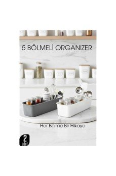 5 Bölmeli Mutfak Organizer Kutusu Gri & Beyaz 2’li Set  Baharat ve Gereç Düzenleyici