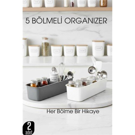 5 Bölmeli Mutfak Organizer Kutusu Gri & Beyaz 2’li Set Baharat ve Gereç Düzenleyici 5 Bölmeli Mutfak Organizer Kutusu Gri & Beyaz 2’li Set Baharat ve Gereç Düzenleyici