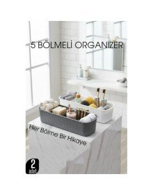 5 Bölmeli Banyo ve Makyaj Organizer Kutusu Gri & Beyaz 2’li Set  Tezgah Üstü Düzenleyici