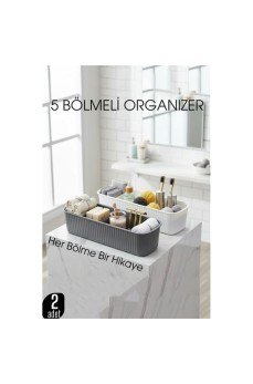 5 Bölmeli Banyo ve Makyaj Organizer Kutusu Gri & Beyaz 2’li Set  Tezgah Üstü Düzenleyici