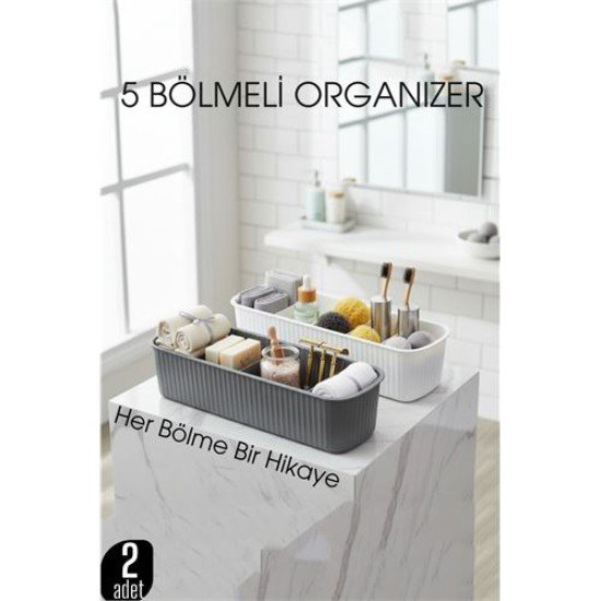 5 Bölmeli Banyo ve Makyaj Organizer Kutusu Gri & Beyaz 2’li Set Tezgah Üstü Düzenleyici 5 Bölmeli Banyo ve Makyaj Organizer Kutusu Gri & Beyaz 2’li Set Tezgah Üstü Düzenleyici