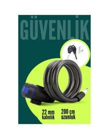 22mm Çelik Halatlı Bisiklet Kilidi - 200cm Anahtarlı Scoooter Motosiklet Kilidi