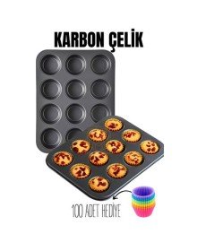 12 li Muffin Kalıbı Teflon Çelik 100 Muffin Kağıtlı