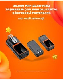 Powerbank 20000 mAh | 22.5W Hızlı Şarj, Dahili Kablolu, LCD Ekranlı Şarj Cihazı
