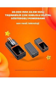 Powerbank 20000 mAh | 22.5W Hızlı Şarj, Dahili Kablolu, LCD Ekranlı Şarj Cihazı