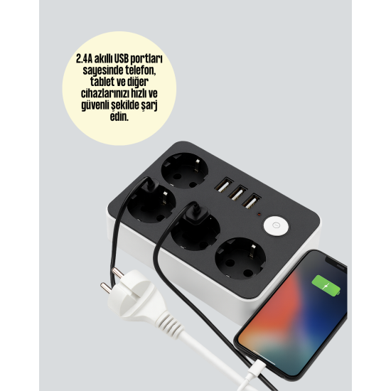 3 USB Çıkışlı 4’lü Akıllı Priz 2500W 2 Metre Kablo