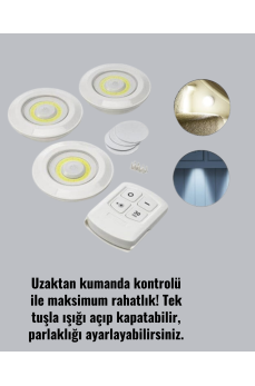 Uzaktan Kumanda İle Kontrol Edilebilen Yapışkanlı 3 Lü Kablosuz Led Spot Lamba Uzaktan Kumanda İle Kontrol Edilebilen Yapışkanlı 3 Lü Kablosuz Led Spot Lamba