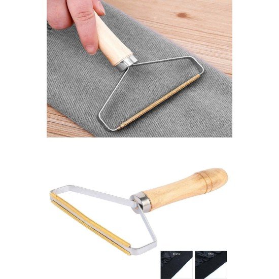 Ahşap Saplı Metal Kazak - Elbise - Halı Tüyü Temizleme Çift Taraflı Tüy Tiftik Toparlayıcı