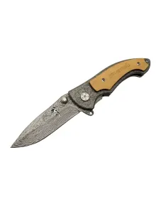 Browning 2-31 Damascus Kamp Çakı 19,5cm - Yarı Otomatik, Kemerlikli, Ahşap; Metal Sap