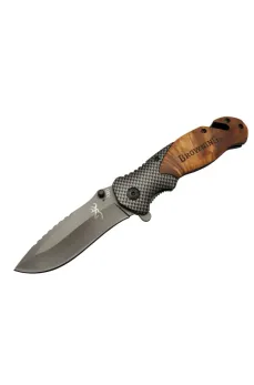 Browning X50 Kahverengi Kurtarma / Kamp Çakısı 20,5cm- Yarı Otomatik, Kemerlikli, Ahşap Sap, Cam Kırma ve İp Kesme Aparatlı
