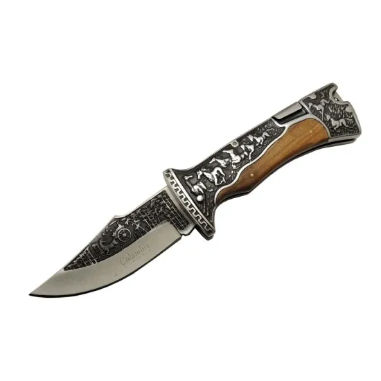 Columbia A3189C Kahve Kamp Çakısı 23cm- Manuel, At İşlemeli Ahşap Sap, Özel Kutulu, Kılıflı Columbia A3189C Kahve Kamp Çakısı 23cm- Manuel, At İşlemeli Ahşap Sap, Özel Kutulu, Kılıflı