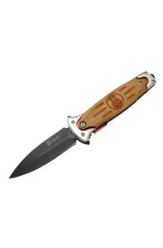 Columbia FS 11031 Kahverengi Kamp Çakı 20cm- Police İşlemeli, Ahşap Sap, Kemerlikli, Cam Kırma Aparatlı