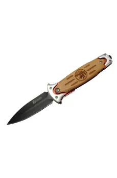 Columbia FS 11032 Kahverengi Kurtarma / Kamp Çakısı 20cm - Kartal İşlemeli Ahşap Sap, Kemerlikli, Cam Kırma Aparatlı