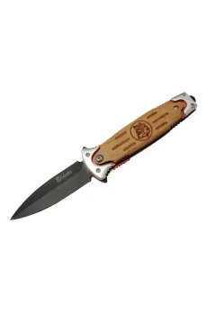 Columbia FS 11033 Kahverengi Kurtarma / Kamp Çakısı 20cm - Yarı Otomatik, Kurt İşlemeli Ahşap Sap, Kemerlikli