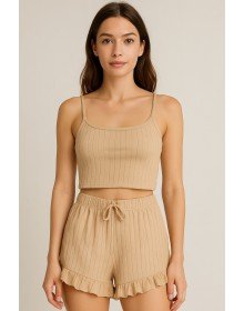 Crop Takım - Askılı Crop Takım Likralı Bej (XL)