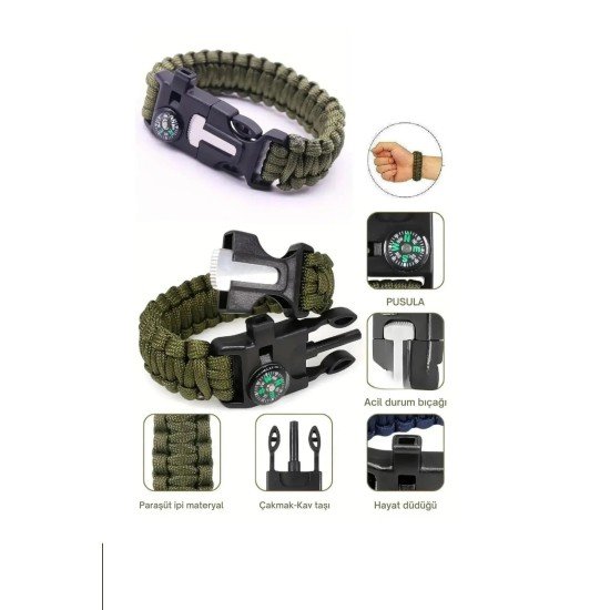 Düdük Çakı Pusula Çakmaktaşı Paraşüt İpi Hayatta Kalma Bilekliği Düdük Çakı Pusula Çakmaktaşı Paraşüt İpi Hayatta Kalma Bilekliği