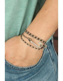 Krem Renk Çizgi Desenli Metal Kancalı Erkek Bileklik