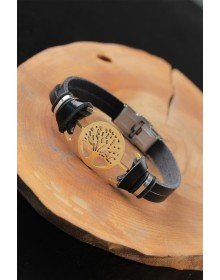 Gold Renk Metal Ağaçlı Tasarım Siyah Renk Deri Erkek Bileklik
