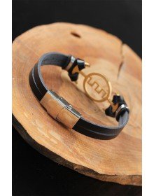 Gold Renk Metal Labirent Tasarım Siyah Renk Deri Erkek Bileklik