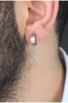 Silver Renk Kaplama Osmanlı Tuğra Figürlü Kıstırmalı Çelik Erkek Küpe