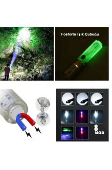 El Feneri 8 Mod Şarjlı Fosforlu Mıknatıslı Led El Feneri