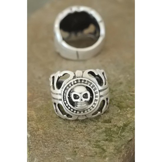 Eskitme Gümüş Renk Metal Kuru Kafa Tasarım Ayarlamalı Erkek Yüzük