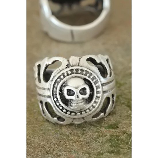 Eskitme Gümüş Renk Metal Kuru Kafa Tasarım Ayarlamalı Erkek Yüzük