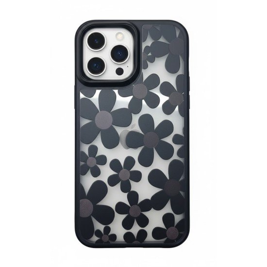 iPhone 16 Pro Max Çiçekli Kılıf Bağlama Aparatlı Siyah