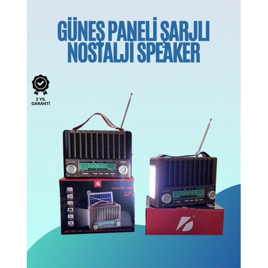 KTF-1428 Nostaljik Solar Enerjili Bluetooth Speaker – Radyo, SD/USB MP3 Çalar, Güçlü Taşınabilir Hoparlör