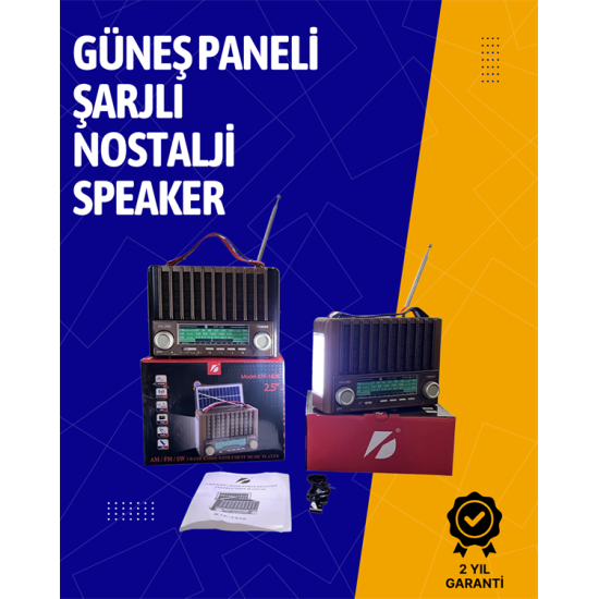 KTF-1428 Solar Enerjiyle Şarj Olabilen Bluetooth Nostalji Hoparlör – Taşınabilir, Güçlü Ses, MP3 Okuyucu
