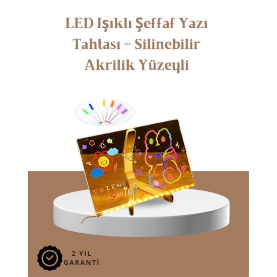LED Aydınlatmalı Şeffaf Mesaj Tahtası – 30x20 cm, Neon Etkili Yazılar İçin Tasarlandı