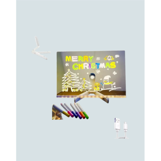 LED Işıklı Şeffaf Yazı Tahtası – Neon Etkili Akrilik Pano, Silinebilir, 7 Renkli Kalemli, 30x20 cm