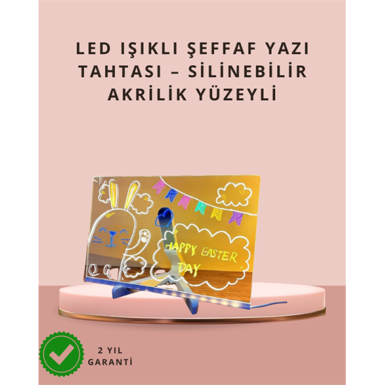 LED Işıklı Şeffaf Yazı Tahtası – Neon Etkili Akrilik Pano, Silinebilir, 7 Renkli Kalemli, 30x20 cm