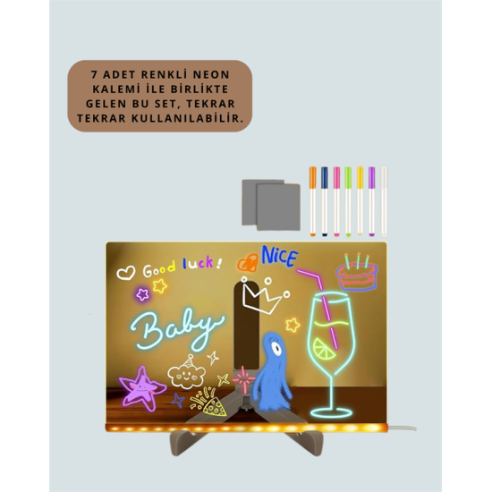 LED Işıklı Şeffaf Yazı Tahtası – Neon Etkili Akrilik Pano, Silinebilir, 7 Renkli Kalemli, 30x20 cm