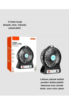 Mini USB Fan – Şarj Edilebilir, Işıklı, 3 Kademe, Taşınabilir Masaüstü Vantilatör