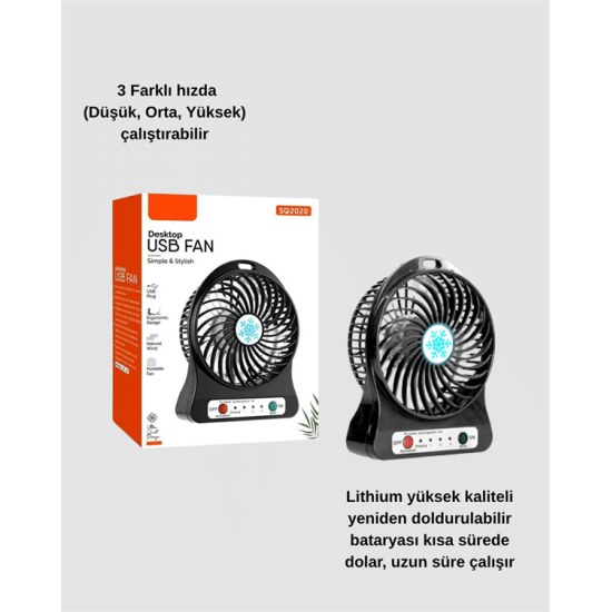 Mini USB Fan – Şarj Edilebilir, Işıklı, 3 Kademe, Taşınabilir Masaüstü Vantilatör