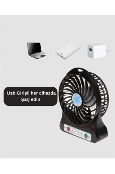 Mini Vantilatör Masaüstü – USB Girişli, Şarjlı, 3 Kademe, Sessiz Motor, Işıklı